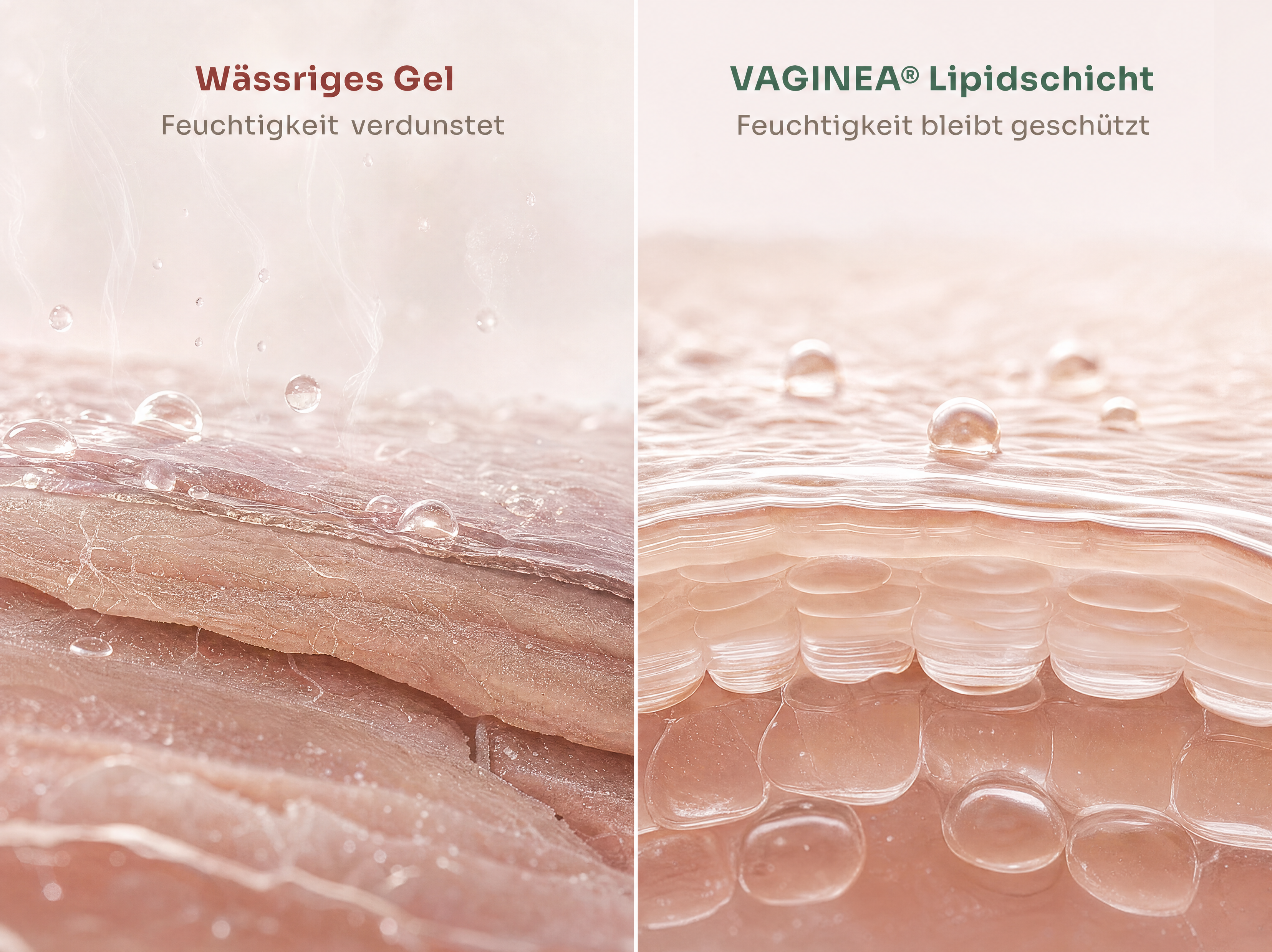 Wässriges Gel: Feuchtigkeit verdunstet — VAGINEA® Lipidschicht: Feuchtigkeit bleibt geschützt